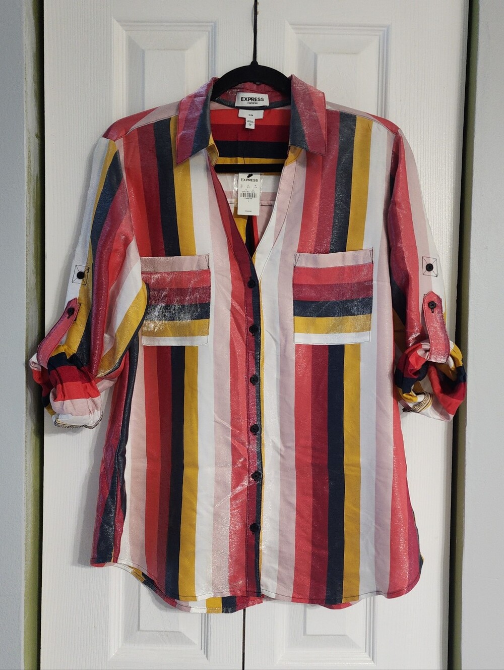 Express Portofino Metallic Multi-Color Vertical Stripe Roll-Tab Sleeve Button - Picture 7 of 7